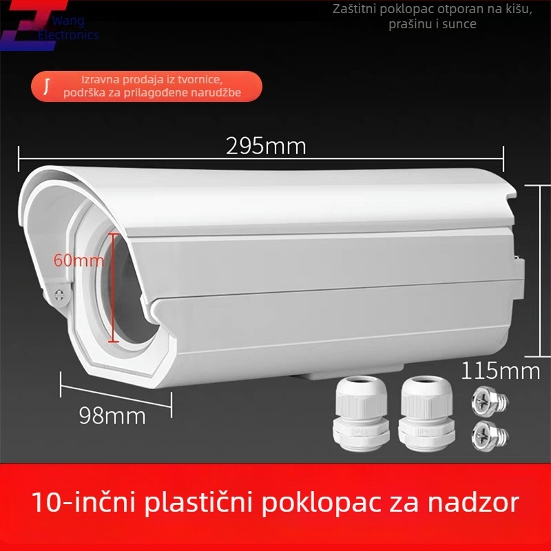 Vanjski zaštitni kućište za nadzornu kameru, tip gun, plastično kućište; kabel maksimalnog promjera 2 cm; radna temperatura -30°C do 60°C; ugradnja vijcima; prozor 60×60 mm.