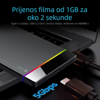 Shuole U25n-l 2,5-inčni eksterni HDD kućište s Type-C bez alata, RGB indikator, USB 3.2 Gen 1 (5 Gbps), PC+ABS, podržava do 6TB