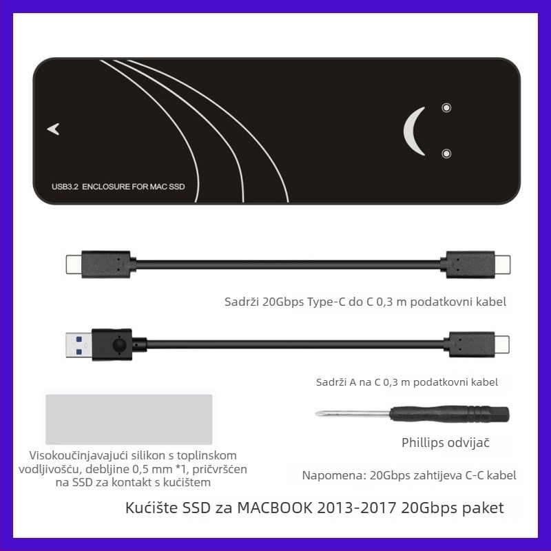 SSD kućište za MacBook Air/Pro (2013–2017), USB 3.2 Gen2 Type-A, do 3 TB, model Enc2mac-j31, materijal PCB