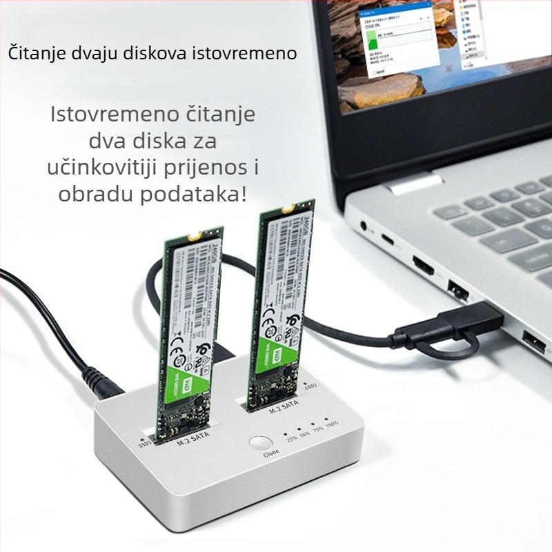 Vanjska M.2 kutija s dvostrukim utorom za SSD SATA/NVMe, USB 3.1 Gen2, 10 Gbps, kloniranje, aluminijska legura + ABS, do 4 TB