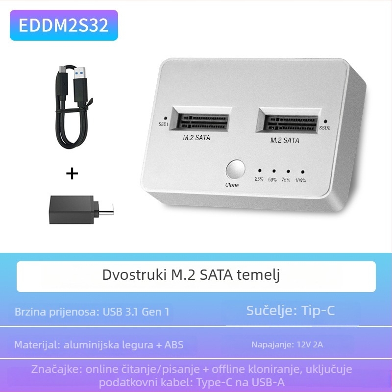 Vanjska M.2 kutija s dvostrukim utorom za SSD SATA/NVMe, USB 3.1 Gen2, 10 Gbps, kloniranje, aluminijska legura + ABS, do 4 TB
