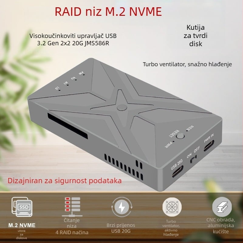 M.2 NVMe SSD RAID kućište s Type-C USB 3.2 Gen2x2, 20Gbps, aluminijska legura, do 4TB, model PH8586R