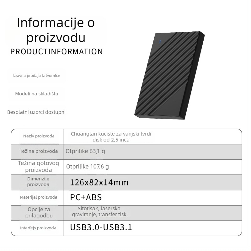 Vanjska SATA kutija za prijenosni tvrdi disk, USB 3.0, model C200, brenda Create blue, materijal ABS+PC, podržava kapacitet 256GB–6TB, brzina prijenosa 5Gbps, 1 godina jamstva