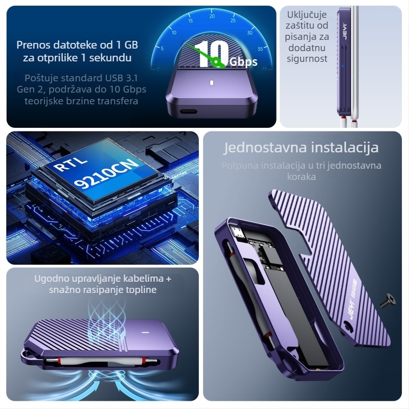 Kućište za M.2 NVMe SSD s zaštitom od pisanja, aluminijska legura, podržava do 4 TB, brzina prijenosa 10 Gbps