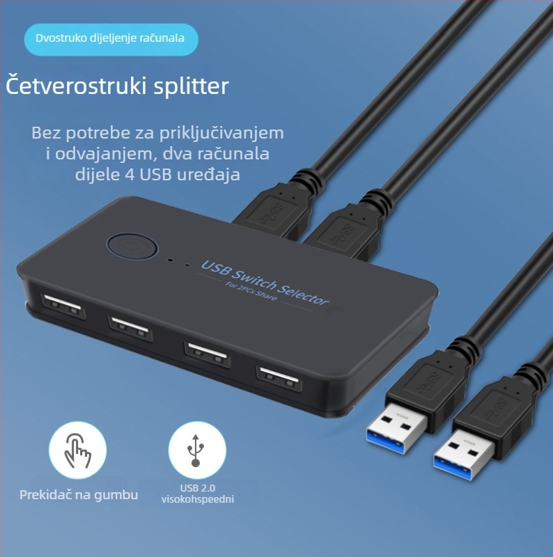 Walbuss USB-204 USB 2.0 prekidač/hub, 2 ulaza, 4 izlaza, 1 m kabel, bez vanjskog napajanja, 480 Mbps