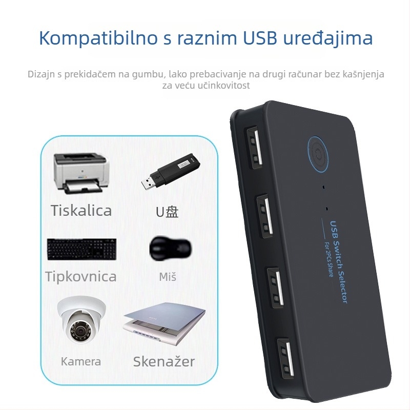 Walbuss USB-204 USB 2.0 prekidač/hub, 2 ulaza, 4 izlaza, 1 m kabel, bez vanjskog napajanja, 480 Mbps