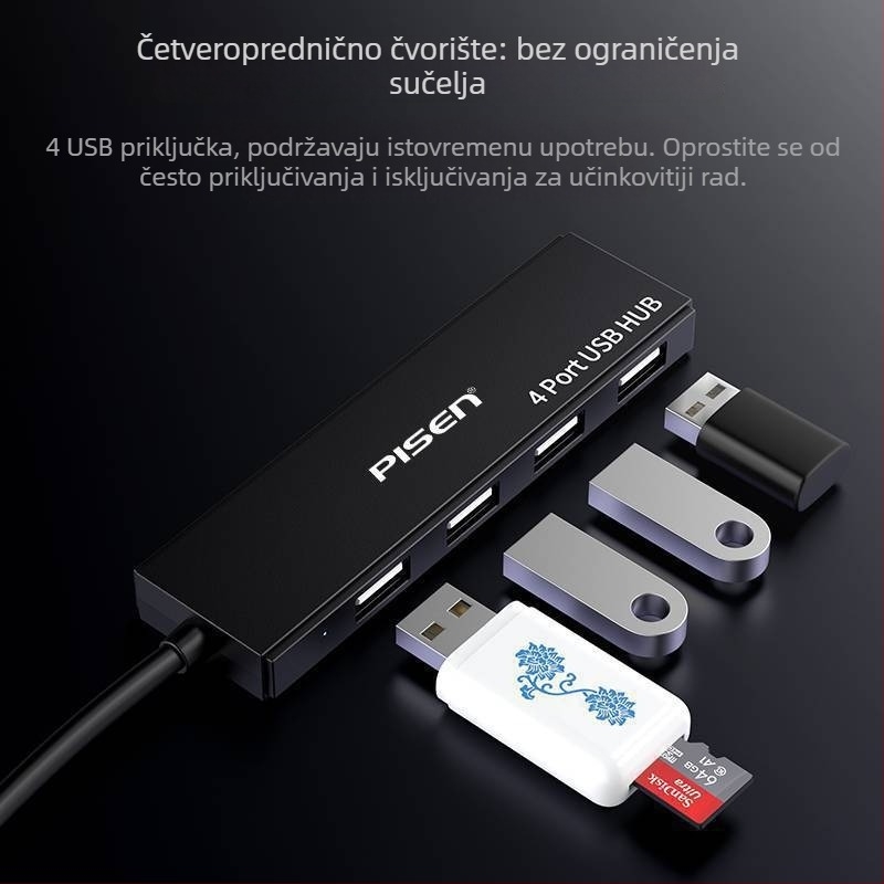 Pisen USB 2.0 četveroportni hub, napajanje preko USB-a, visoka brzina prijenosa 2.0, kabel duljine 0,25 m