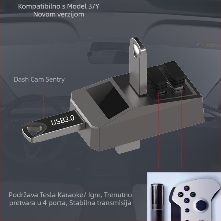 AH51 USB 3.0 4-portni hub za glove box Tesla Model 3/Y (napajanje putem USB-a, bez vanjskog napajanja)