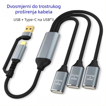 USB Type-C na USB 2.0 hub s 3 porta, kabel 30 cm, OTG podaci