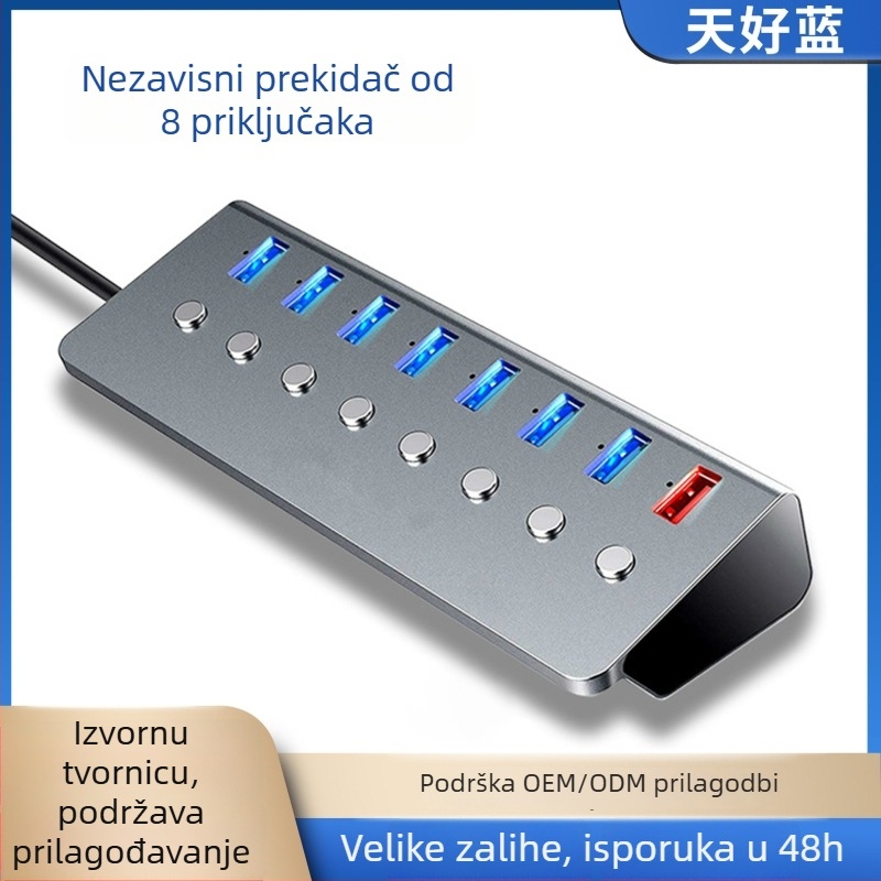 USB 3.0 hub, 8 portova, aluminijsko kućište, napajanje preko USB-a (bez eksternog napajanja), kabel 1 m, 5 Gbps