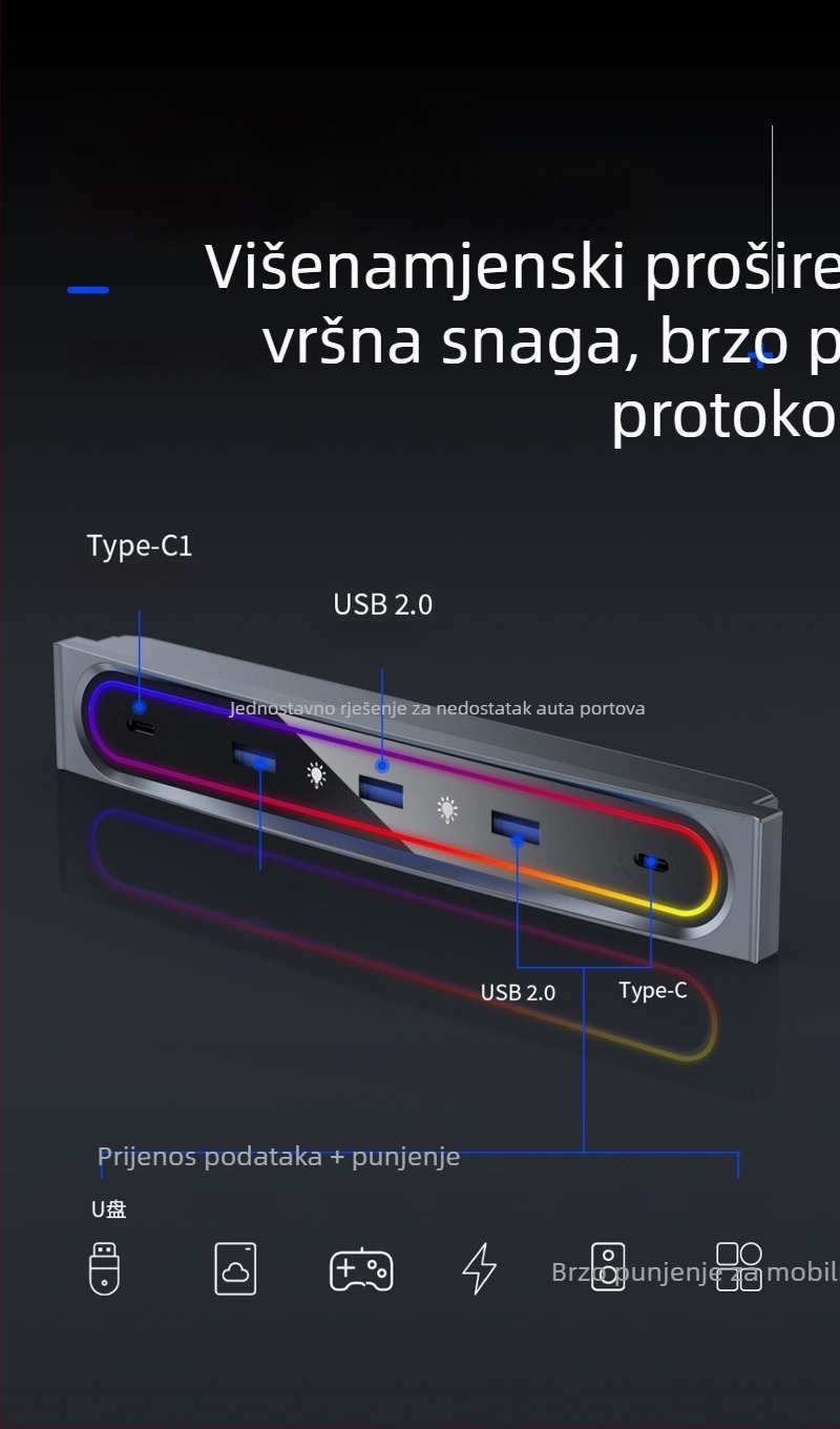 Tesla Model 3/Y punjački hub za pretinac za rukavice u središnjoj konzoli, 6 USB-C portova, kabel duljine 1 m, 27W brzo punjenje, bez vanjskog napajanja