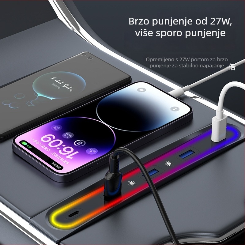 Tesla Model 3/Y punjački hub za pretinac za rukavice u središnjoj konzoli, 6 USB-C portova, kabel duljine 1 m, 27W brzo punjenje, bez vanjskog napajanja