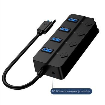 USB 3.0 hub s 4 priključcima i neovisnim prekidačem te vanjskim napajanjem, Kawazhizawa CZ-01, 5 Gbps
