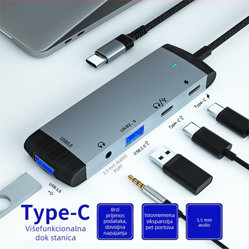 Type-C docking stanica, USB hub s 1-6 portova, 5Gbps, vanjsko napajanje, MH368