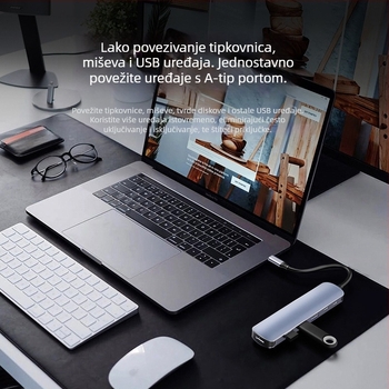 Type-C docking stanica šest u jedan USB hub, brzina prijenosa 5 Gbps, USB-C sučelje, do šest portova, bez vanjskog napajanja