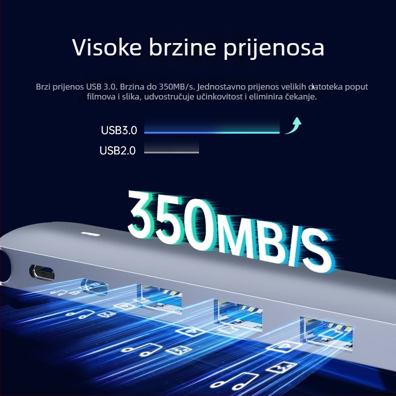 Type-C docking stanica šest u jedan USB hub, brzina prijenosa 5 Gbps, USB-C sučelje, do šest portova, bez vanjskog napajanja