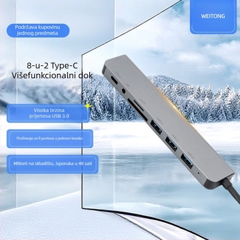 Type-C 8-in-2 višefunkcijska docking stanica, USB 3.0 hub, 10 Gbps, kabel duljine 20 cm, bez vanjskog napajanja, 1–6 priključaka
