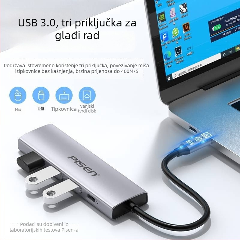 Pisen Type-C hub splitter, USB 3.0, napajanje preko USB, 1 ulazni Type-C port
