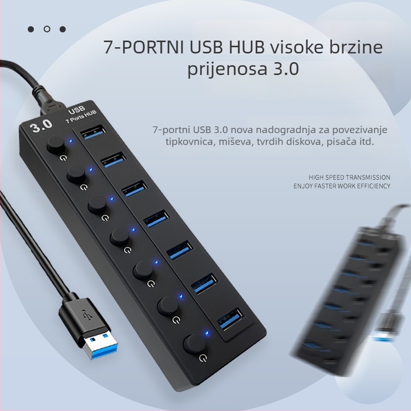 USB 3.0 7-portni hub s neovisnim prekidačima – Model L80, 5 Gbps, Vanjsko napajanje