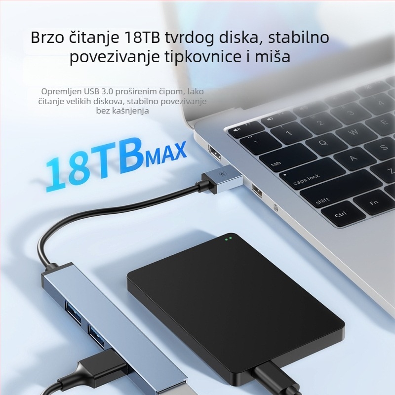 Toocki Pilot USB 3.0 4-portni hub, 5 Gbps, napajan USB-om, kabel 0,1 m