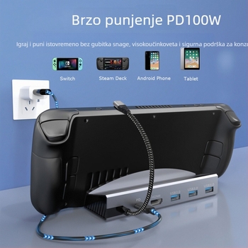 Steam Deck docking stanica, 6-u-1 Type-C, 5 Gbps prijenos podataka, bez vanjskog napajanja