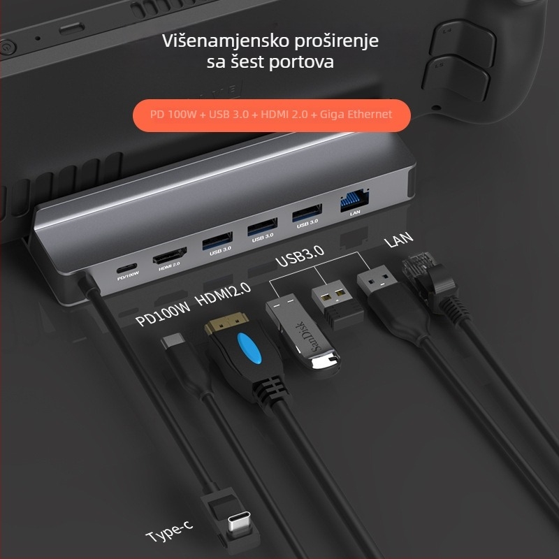 ROG Steam Deck USB-C dock, hub 1–6, 5 Gbps, 10 cm kabel, bez napajanja
