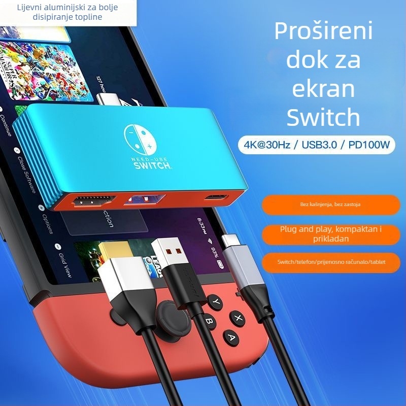 Nintendo Switch USB-C na HDMI kabel – 4K izlaz, 5 Gbps prijenos, vanjsko napajanje, 3-u-1 dizajn, duljina 0,1 m