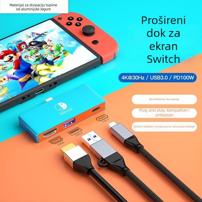 Nintendo Switch USB-C na HDMI kabel – 4K izlaz, 5 Gbps prijenos, vanjsko napajanje, 3-u-1 dizajn, duljina 0,1 m