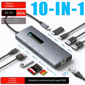 Type-C docking hub 10-u-1 s HDMI 4K60, Gigabit Ethernet, USB 3.0, vanjsko napajanje