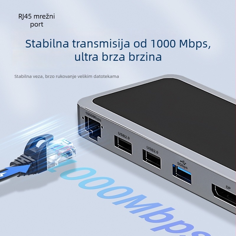 12-u-1 USB-C docking stanica za prijenosna računala, USB-C sučelje, 5 Gbps prijenos podataka, 1 m kabel, model YME-12, bez potrebe za vanjskim napajanjem