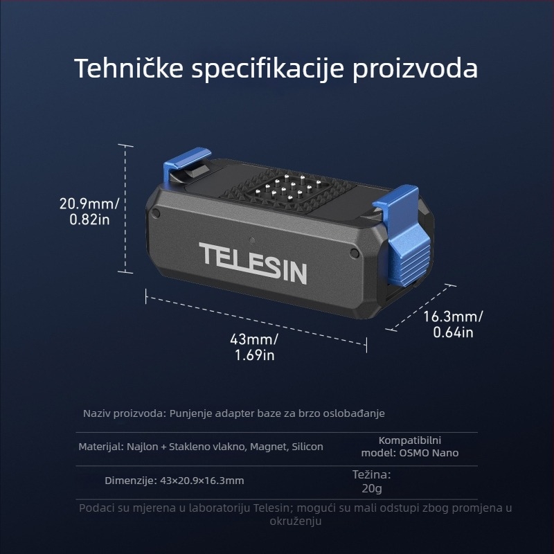 Magnetska baza s brzim oslobađanjem i napajanjem za Osmo Nano (Brand: Telesin; Model: Magnetic quick-release rechargeable expansion base; Materijal: metal + plastika; Kompatibilnost: Osmo Nano)