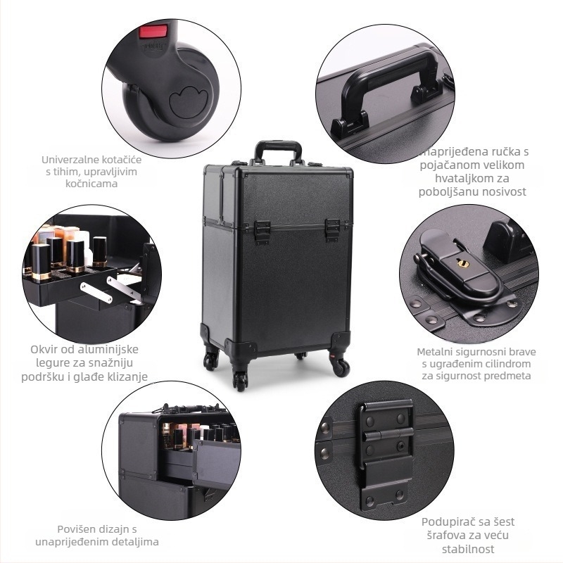 ABS kutija za kozmetiku i alate velike kapacitete s vučnom šipkom, univerzalnim kotačićima, zaključavanje