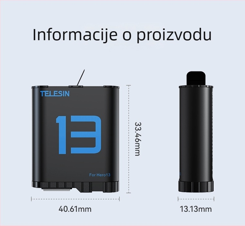 GP13 baterija s dvostrukim lukom za GoPro HERO13 — dugotrajna LiPo baterija, model GP13, šifra proizvoda S0-btr-06-tgp, marka Telesin