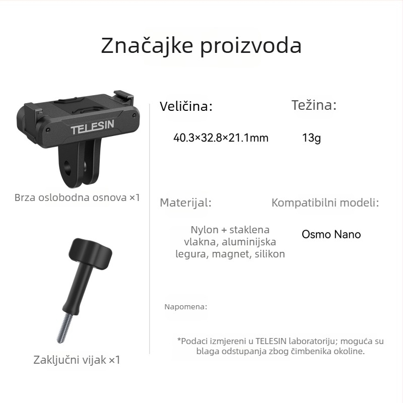 Telesin Osmo Nano brzo-otpuštajuća baza (osnovni model) – kompatibilna s DJI Osmo Nano; uključuje bazu i vijčice; tri garancije