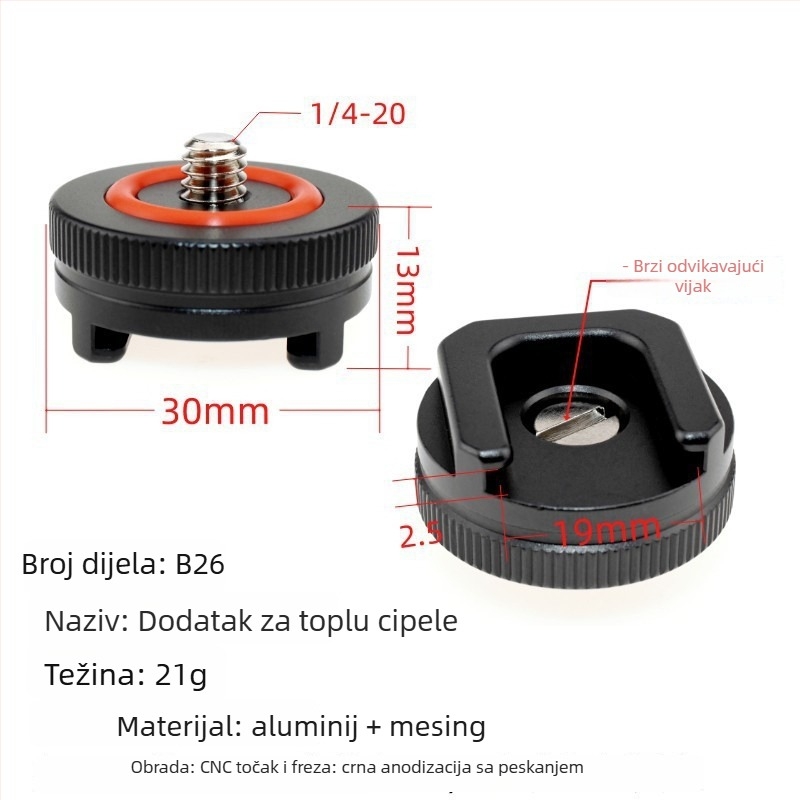 Morning Long B aluminijski adapter za hladnu cipelu za kamera — 1/4'' navoj, podržava bljeskalicu i mikrofon, težina 21 g