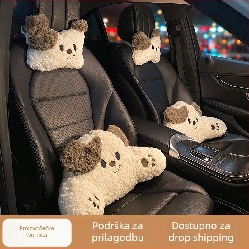 Par jastuka za naslon glave i vrat automobila, uzorak štene, umjetni pliš, punilo od sintetičkih vlakana, univerzalna kompatibilnost s vozilima