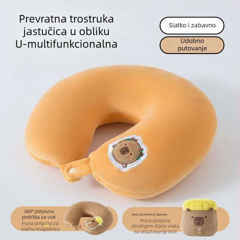 Capybara tema U-oblikovani jastuk za vrat, dvostruka podrška za odmor u uredu, punjenje od pjene, mekana tkanina od spandexa, crtani stil, mogućnost ispisa logotipa