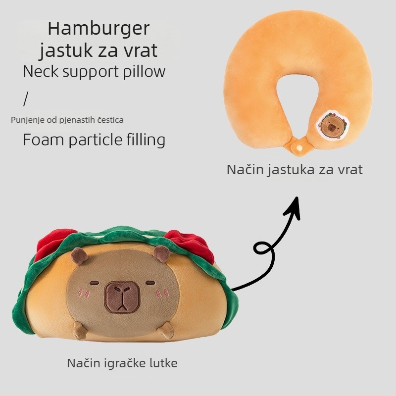 Capybara tema U-oblikovani jastuk za vrat, dvostruka podrška za odmor u uredu, punjenje od pjene, mekana tkanina od spandexa, crtani stil, mogućnost ispisa logotipa