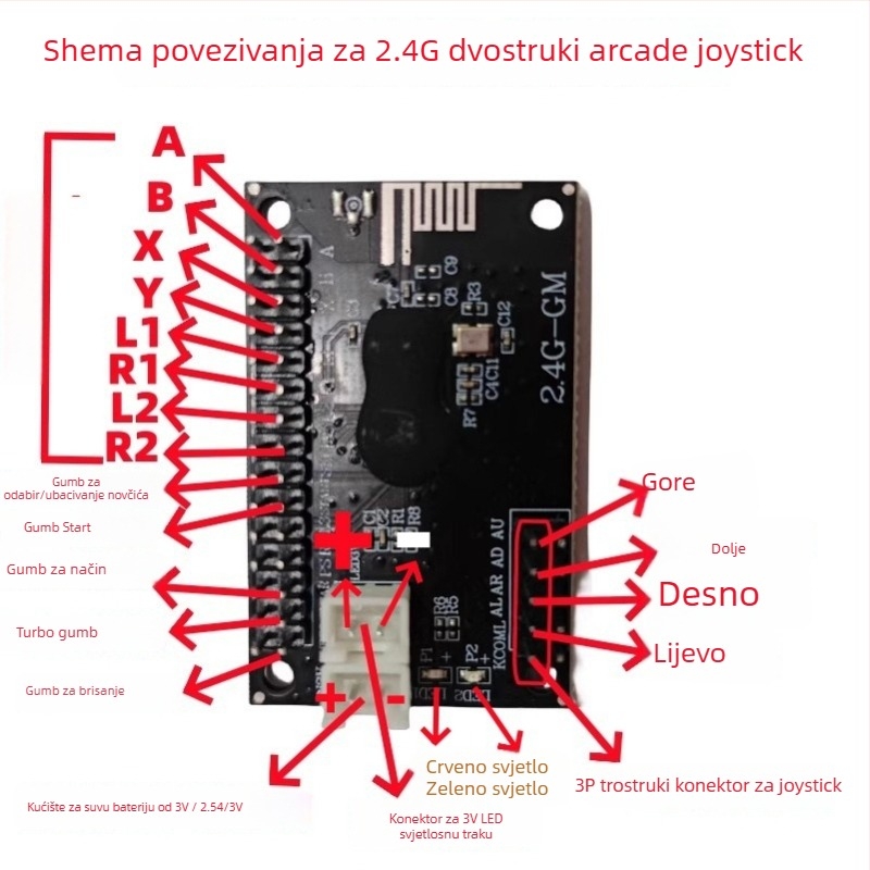 Arcade joystick PCB 2.4G bežični, USB sučelje, FR4, model 2.4G-10, 2 igrača
