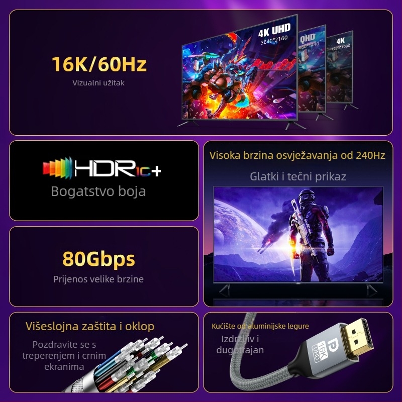 DP na DP kabel 2.1, 16K60Hz gaming HD video, 8K120Hz/4K240Hz visoka frekvencija osvježavanja, kompatibilan s DP1.4/1.2, duljina 3 m