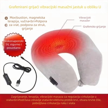 Jastučnica za vrat u obliku U s USB grijanjem i masažom, vibracije, programabilno grijanje, grijanje karbonskim vlaknima; punjenje: memorijska pamučna vlakna; jezgra: kemijsko vlakno
