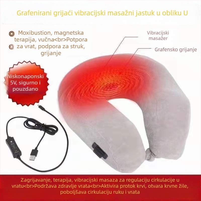 Jastučnica za vrat u obliku U s USB grijanjem i masažom, vibracije, programabilno grijanje, grijanje karbonskim vlaknima; punjenje: memorijska pamučna vlakna; jezgra: kemijsko vlakno