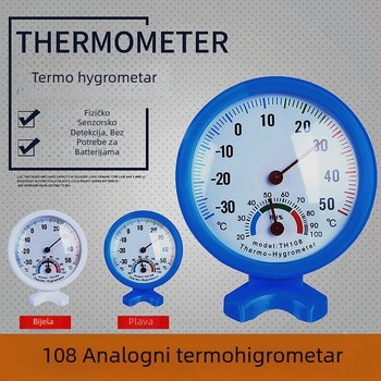 Analogni mjerač temperature i vlage, bez elektronike, bez baterije; 1°C rezolucija; točnost temperatura ±1°C, vlaga ±5%; za zidni ili stolni; pogodan za unutarnju i vanjsku upotrebu u hladnjacima, zamrzivačima i vozilima