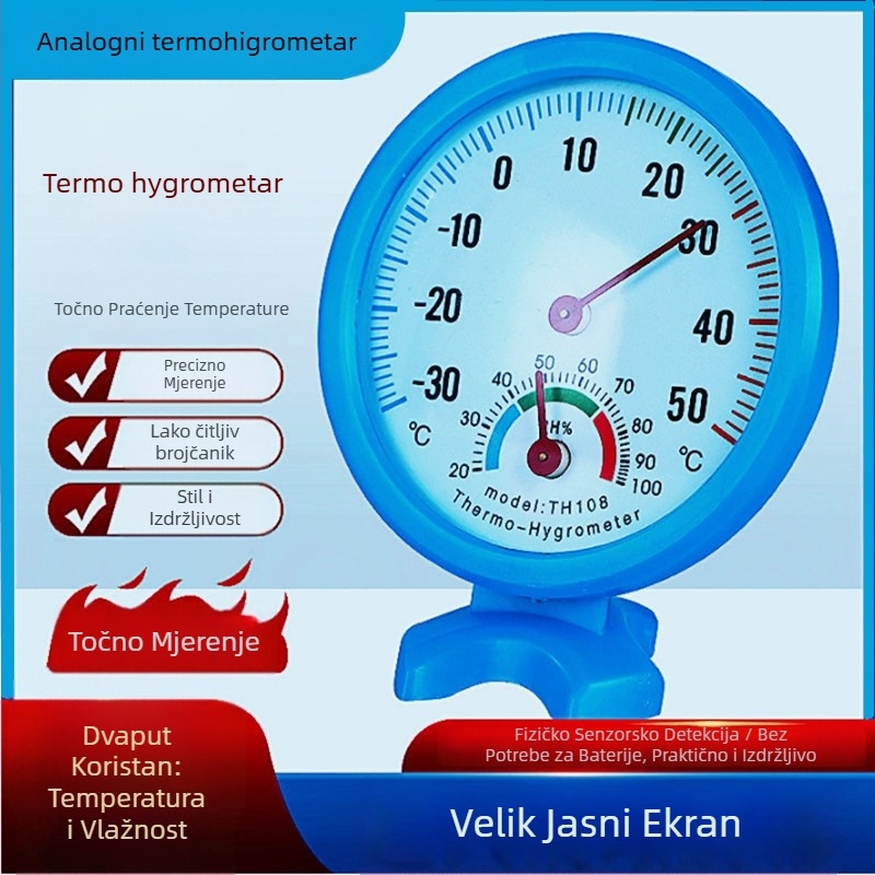 Analogni mjerač temperature i vlage, bez elektronike, bez baterije; 1°C rezolucija; točnost temperatura ±1°C, vlaga ±5%; za zidni ili stolni; pogodan za unutarnju i vanjsku upotrebu u hladnjacima, zamrzivačima i vozilima