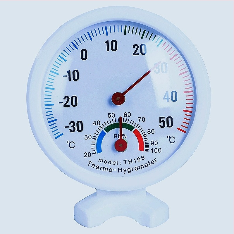 Analogni mjerač temperature i vlage, bez elektronike, bez baterije; 1°C rezolucija; točnost temperatura ±1°C, vlaga ±5%; za zidni ili stolni; pogodan za unutarnju i vanjsku upotrebu u hladnjacima, zamrzivačima i vozilima