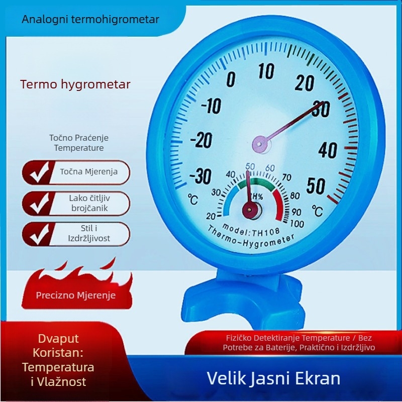 Analogni mjerač temperature i vlage, bez elektronike, bez baterije; 1°C rezolucija; točnost temperatura ±1°C, vlaga ±5%; za zidni ili stolni; pogodan za unutarnju i vanjsku upotrebu u hladnjacima, zamrzivačima i vozilima