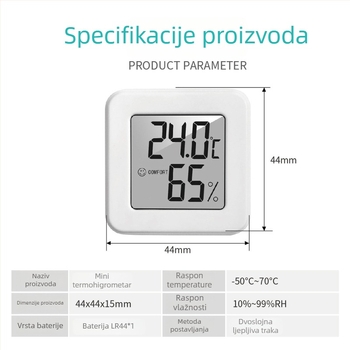 Unutarnji mjerni uređaj za temperaturu i vlagu s dizajnom osmijeha, razlučivost 0.1, pogreška mjerenja temperature ±1°C, pogreška mjerenja vlage ±5% RH, baterija LR44
