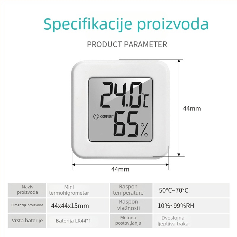 Unutarnji mjerni uređaj za temperaturu i vlagu s dizajnom osmijeha, razlučivost 0.1, pogreška mjerenja temperature ±1°C, pogreška mjerenja vlage ±5% RH, baterija LR44