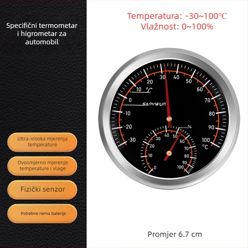 Automobilski termometar i higrometar, otporan na visoke temperature, model Q18, marka SANYWUN; primjena: kućanstvo, unutarnji prostori, dječja soba, automobil, kutija za kućne ljubimce.