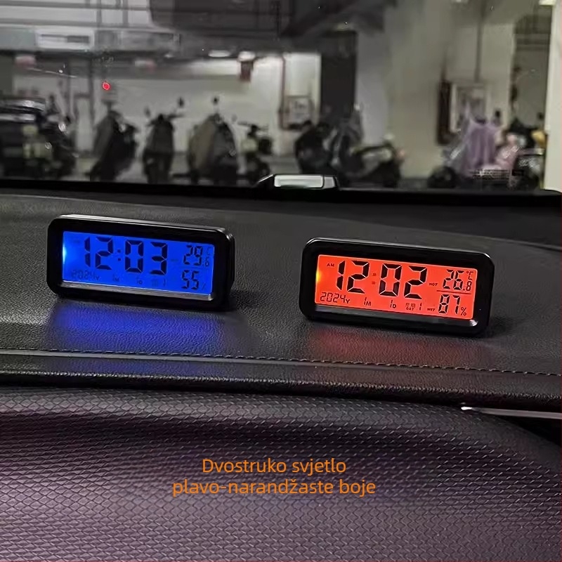 Solarni digitalni mjerač temperature i vlage za auto i dom s osvijetljenim satom, ABS kućište